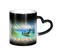 LKLDDPZB Seaside Boat Coconut Leaves Print Heat Changing Coffee Mug â€“11 Oz Magic Color Changing Mug, Ceramic Thermal Reactive Cup for Men and Women