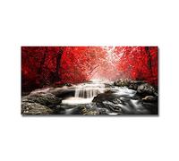 LKLKLK Red Tree Leaf Forest Waterfall Nature Print on Canvas, Panoramic Painting Canvas Wall Art for Home Wall Decoration, 40x80cm (16x32in), Frameless