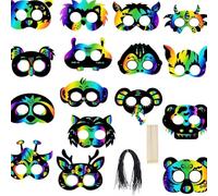 LKNBIF 16 Pieces Halloween Scratch Paper Animal Masks, Rainbow Masks with Elastic Cords and 16 Pieces Wood Stylus, for Halloween Costumes and Costume Parties, DIY and Theme Parties Decorations