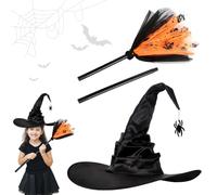 LKNBIF 2Pcs Set Witches Hat and Magic Broom, Black Pointed Witches Hat, for Halloween Costume Accessories, for Adults and Teens, Halloween Party, Cosplay and Themed Events