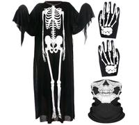 LKNBIF 3 PCS Skeleton Gloves and Skull Face Mask and the Body Suit, Skeleton Robe Costumes Cosplay, Halloween Scary Ghost Fancy Dress Costume, Costumes for Adult Costume Party Halloween-C