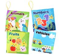 LKNBIF 4 Pack Baby Bath Books Crinkle Soft Cloth Book Toys, Touch and Feel Soft Books for Early Learning, Animal Names, Modes Of Transportation, Numbers, Fruits Baby Cloth Books Early Education Toys