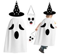 LKNBIF Ghost Cape, Kids Halloween Cloaks Hat Ghost Pocket Cosplay Robe, Cape Children's Set, 3 Pieces Fancy Dress Costume for Cosplay Halloween Party for Children Boys Girls