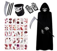LKNBIF Grim Reaper Costume, Black Halloween Capes, Wizard Fancy Dress, 30 Sheets Scar Tattoos Stickers, Women Men Halloween Make Up Cosplay Party Masquerade Prank Costume