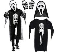 LKNBIF Halloween Skeleton Costume, Skeleton Gloves and Skull Face Mask and the Robe 3 PCS, Unisex Costumes Cosplay, Child Fancy Dress, for Halloween Events Scary Ghost