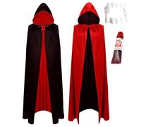LKNBIF Kids Hooded Cape, Reversible Black and Red Cape, Halloween Vampire Teeth, Blood Cosplay Shaped Teeth, Children Fancy Dress Costume for Halloween Christmas Party Carnival Cosplay, 120CM
