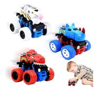 LKNBIF Monster Truck, Inertia Toy Cars, Giant Wheels, 3 Pack Toddler 360° Rotation Friction Powered Car Toys Christmas Birthday Gift, for Kids Age 2+ (Dinosaurs, rhinos, tigers)