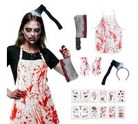 LKOIVNED Halloween Costumes for Men, Fancy Dress with Axe Headband Blood Gloves Plastic Cleaver Bloody Apron Tattoo Stickers for Butcher Halloween Costume Cosplay Party Dress Up