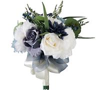 LKPOMI Dusty Blue Wedding Bouquets for Bride Bridesmaids, 10 Inch Artificial Rose Bouquet Bridal Hand Holding Flowers for Wedding Ceremony Party(Multicolor)