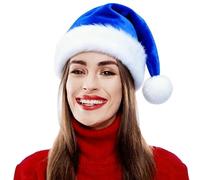 LKQBBSZ Santa Hat for Women, Adults Unisex Velvet Comfort Xmas Hat Extra Plush for Christmas New Year Festive Holiday Party (Blue)