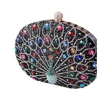 LKSCY Women's Crystal Embellished Evening Clutch: Peacock Design Hard Case Purse with Rhinestone Ball Clasp and Metal Handle