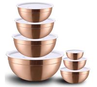 LKTDYMEG Rose Gold Mixing Bowls with Lids Set of 7, Stainless Steel Nesting Bowl with Khaki Lid for Non-slip Mixing Prepping Storing Serving, 7 Sizes-7/3.6/2.7/2.1/1.5/1/0.8 QT