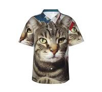 LKTPSKQRY Men's Hawaiian Shirt Short Sleeve Button Down Shirts American Cat USA Flag Beach Shirt Lightweight Blouses M Black