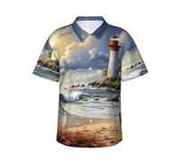 LKTPSKQRY Men's Hawaiian Shirt Short Sleeve Button Down Shirts Sea Lighthouse Sandbeach Beach Shirt Lightweight Blouses XL Black