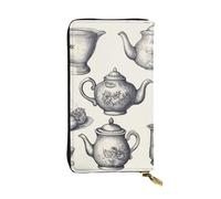 LKTPSKQRY Womens Wallet Leather Slim Wallet Long Card Holder Case Zip Clutch Hand Drawn Teapots and Cups Travel Purse