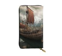 LKTPSKQRY Womens Wallet Leather Slim Wallet Long Card Holder Case Zip Clutch Old Viking Boat Travel Purse