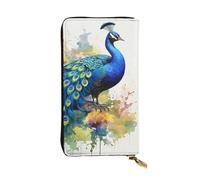 LKTPSKQRY Womens Wallet Leather Slim Wallet Long Card Holder Case Zip Clutch Peacock Watercolor Painting Travel Purse