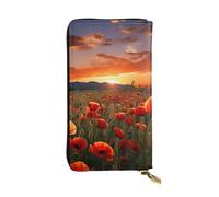 LKTPSKQRY Womens Wallet Leather Slim Wallet Long Card Holder Case Zip Clutch Red Poppy Flower Field in Sunset Travel Purse