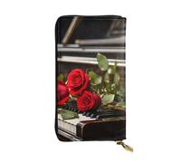 LKTPSKQRY Womens Wallet Leather Slim Wallet Long Card Holder Case Zip Clutch Red Rose on Piano Travel Purse