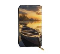 LKTPSKQRY Womens Wallet Leather Slim Wallet Long Card Holder Case Zip Clutch River Sunset Wooden Boat Travel Purse