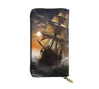 LKTPSKQRY Womens Wallet Leather Slim Wallet Long Card Holder Case Zip Clutch Sailing Ship in Storm Travel Purse