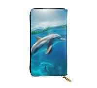 LKTPSKQRY Womens Wallet Leather Slim Wallet Long Card Holder Case Zip Clutch Swimming Dolphin in Blue Sea Travel Purse