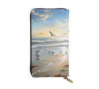 LKTPSKQRY Womens Wallet Leather Slim Wallet Long Card Holder Case Zip Clutch The Beach with Sea Birds Travel Purse