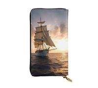 LKTPSKQRY Womens Wallet Leather Slim Wallet Long Card Holder Case Zip Clutch White Sailing Ship at Sunset Travel Purse