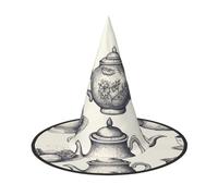 LKTPSKQRY Women's Witch Hat Oversized Witches Hats Hand Drawn Teapots and Cups Halloween Wizard Hat Party Cosplay Costume Accessory