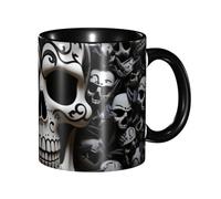 LKVNSWERT 11 OZ Porcelain Coffee Mug with Handle, Black and white skulls Coffee Cup for Office and Home, Latte Drink Cup for Tea and Milk, Colorful Inside Ceramic Tea Cups for Men Women Mug Lovers