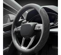 LKWLIKEI Nappa Leather Steering Wheel Cover, Diamond Checkered Design, Non-Slip wear-Resistant, Enhance Driving Comfort, Suitable for Steering Wheel Diameter 14 1/2‘-15’ Models.Black
