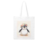 LKWSCGHM Penguin Wearing Flowers Canvas Tote Bag Aesthetic for Women Reusable Grocery Bags Large Cloth Cotton Tote with Handle Foldable Lightweight Shopping Bags Shoulder Bag for Beach Holiday