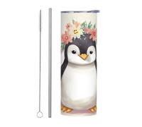 LKWSCGHM Penguin Wearing Flowers Tumbler with Lids and Straw, 20 oz Double Wall Vacuum Water Bottle Stainless Steel Insulated Coffee Mug Leakproof Travel Thermal Cup for Hot and Cold Drinks