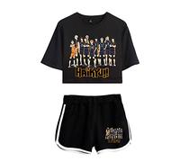 LKY STAR Anime Haikyuu Tshirt and Shorts 2 Pieces Suits, Girls and Women 100% Cotton Karasuno High School Tracksuits with Crop Tops and Shorts