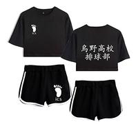 LKY STAR Anime Haikyuu Tshirt and Shorts 2 Pieces Suits, Girls and Women 100% Cotton Karasuno High School Tracksuits with Crop Tops and Shorts