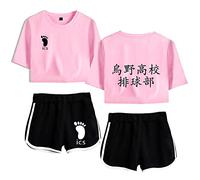 LKY STAR Anime Haikyuu Tshirt and Shorts 2 Pieces Suits, Girls and Women 100% Cotton Karasuno High School Tracksuits with Crop Tops and Shorts