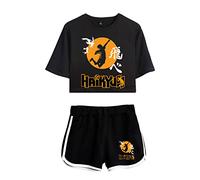 LKY STAR Anime Haikyuu Tshirt and Shorts 2 Pieces Suits, Girls and Women 100% Cotton Karasuno High School Tracksuits with Crop Tops and Shorts