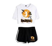 LKY STAR Anime Haikyuu Tshirt and Shorts 2 Pieces Suits, Girls and Women 100% Cotton Karasuno High School Tracksuits with Crop Tops and Shorts