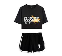 LKY STAR Anime Haikyuu Tshirt and Shorts 2 Pieces Suits, Girls and Women 100% Cotton Karasuno High School Tracksuits with Crop Tops and Shorts