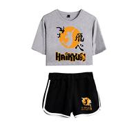LKY STAR Anime Haikyuu Tshirt and Shorts 2 Pieces Suits, Girls and Women 100% Cotton Karasuno High School Tracksuits with Crop Tops and Shorts