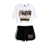 LKY STAR Anime Haikyuu Tshirt and Shorts 2 Pieces Suits, Girls and Women 100% Cotton Karasuno High School Tracksuits with Crop Tops and Shorts