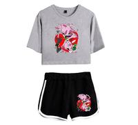 LKY STAR Hazbin Hotel Merch Anime T-Shirts and Short Set Angel Dust/Alastor Cosplay Crop Top and Pants 2pcs for Women Girls