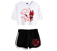 LKY STAR Hazbin Hotel Merch Anime T-Shirts and Short Set Angel Dust/Alastor Cosplay Crop Top and Pants 2pcs for Women Girls
