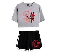 LKY STAR Hazbin Hotel Merch Anime T-Shirts and Short Set Angel Dust/Alastor Cosplay Crop Top and Pants 2pcs for Women Girls