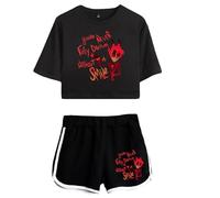 LKY STAR Hazbin Hotel Merch Anime T-Shirts and Short Set Angel Dust/Alastor Cosplay Crop Top and Pants 2pcs for Women Girls