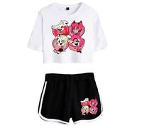 LKY STAR Hazbin Hotel Merch Anime T-Shirts and Short Set Angel Dust/Alastor Cosplay Crop Top and Pants 2pcs for Women Girls
