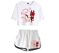 LKY STAR Hazbin Hotel Merch Anime T-Shirts and Short Set Angel Dust/Alastor Cosplay Crop Top and Pants 2pcs for Women Girls