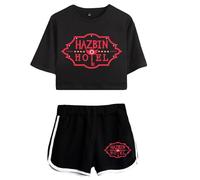 LKY STAR Hazbin Hotel Merch Anime T-Shirts and Short Set Angel Dust/Alastor Cosplay Crop Top and Pants 2pcs for Women Girls