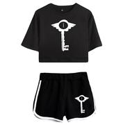 LKY STAR Hazbin Hotel Merch Anime T-Shirts and Short Set Angel Dust/Alastor Cosplay Crop Top and Pants 2pcs for Women Girls