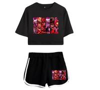 LKY STAR Hazbin Hotel Merch Anime T-Shirts and Short Set Angel Dust/Alastor Cosplay Crop Top and Pants 2pcs for Women Girls